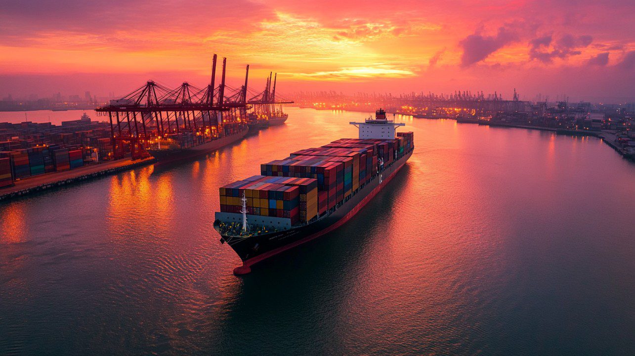 Global shipping port at sunset